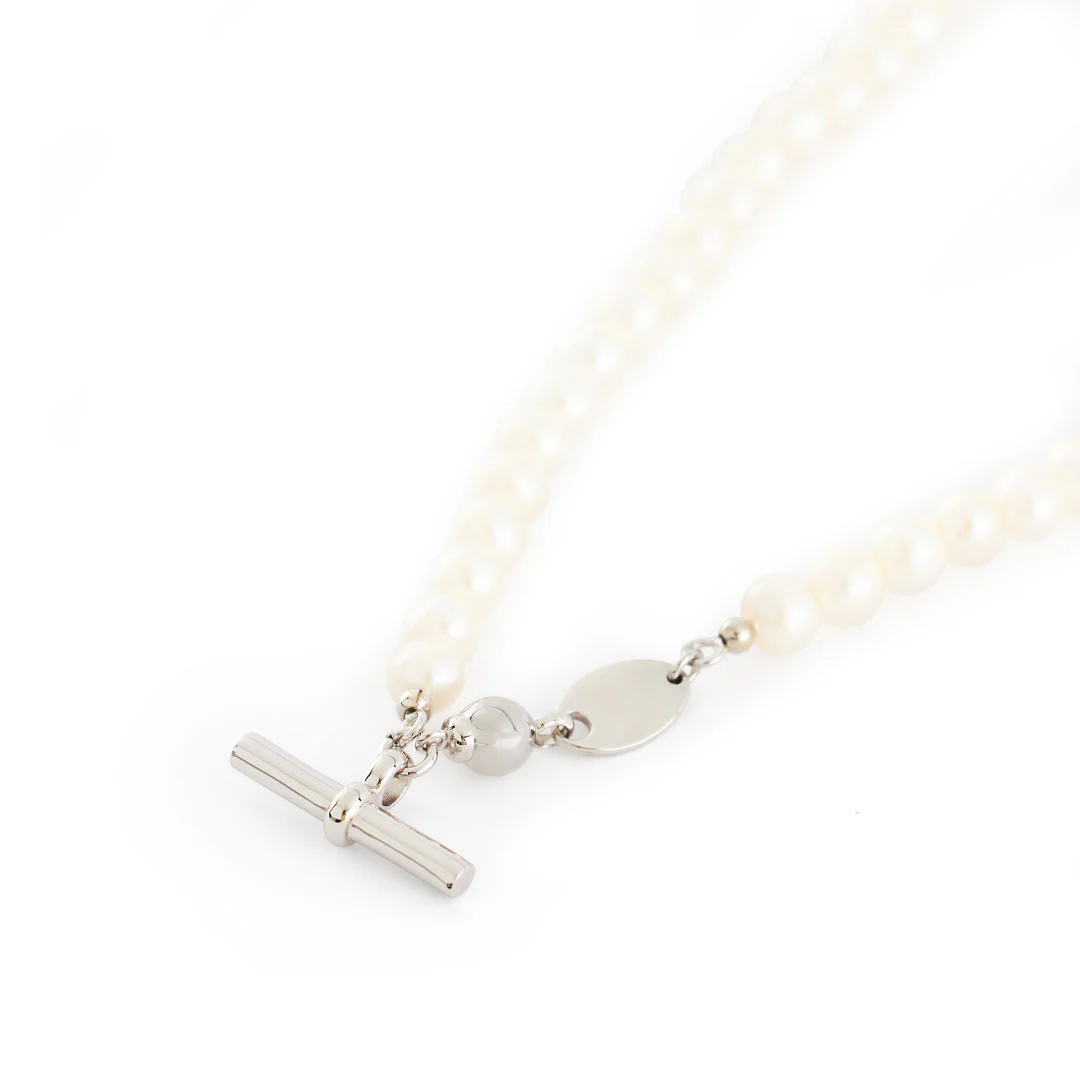 Silver Pearl T-Bar Necklace - Image 5